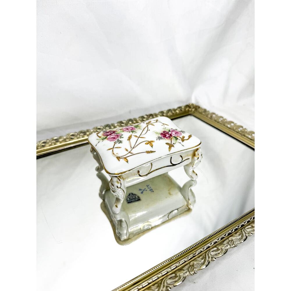 Vtg Arnart Creations Lidded Footed Trinket Dish w/ Gold Trim and Rose Transfer